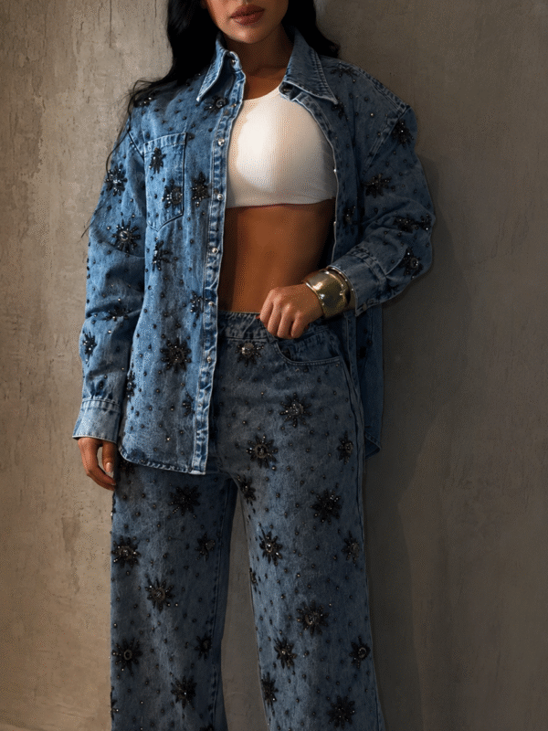 Conjunto Jeans Camisa e Calça Bordado Shine