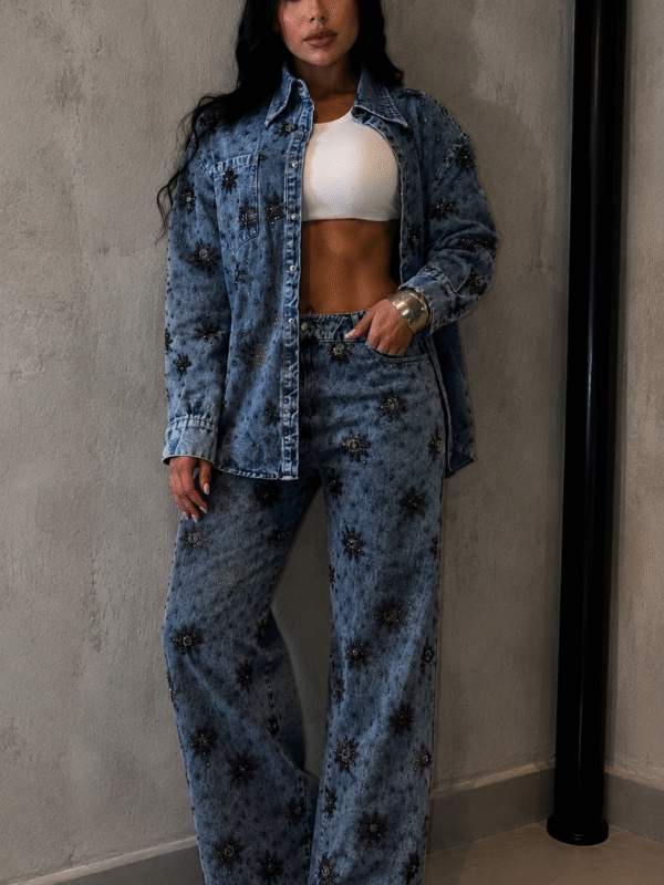 Conjunto Jeans Camisa e Calça Bordado Shine