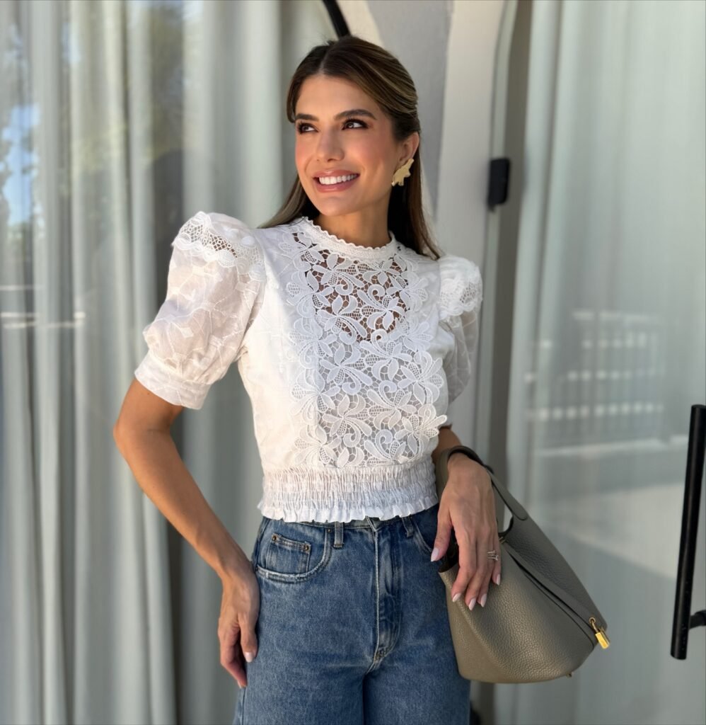 Blusa Cropped Laise Lastex Manga Bufante