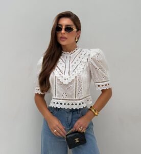 Blusa Laise Gola Alta Manga Bufante Branca