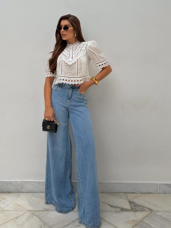 Blusa Laise Gola Alta Manga Bufante Branca