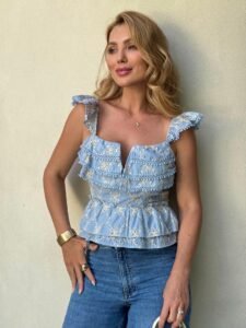 Blusa Peplum Laise Babado Azul Claro