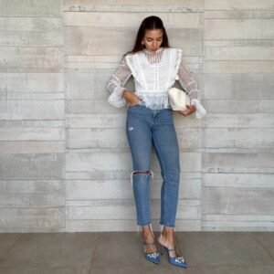 Blusa Tule Poa com Renda Manga Longa