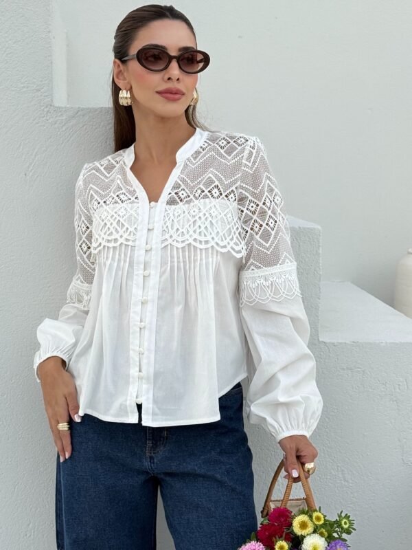 Camisa Laise Manga Longa com Renda Branca