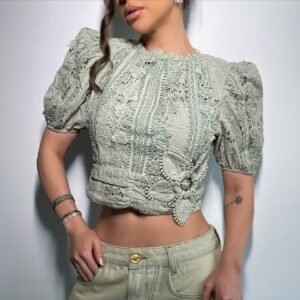 Cropped Laise Manga Bufante com Cinto Verde Menta