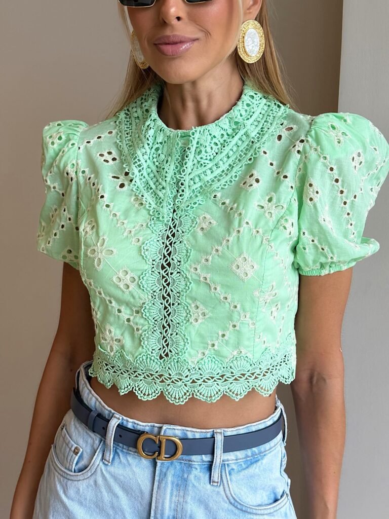 Cropped Laise Manga Bufante Verde Menta