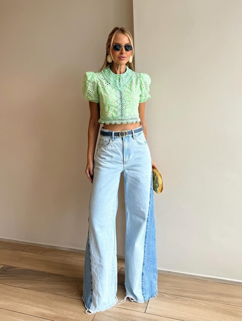 Cropped Laise Manga Bufante Verde Menta