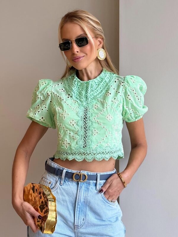 Cropped Laise Manga Bufante Verde Menta