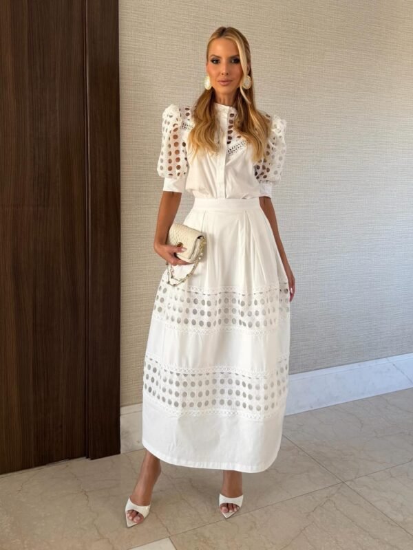 Vestido Midi Laise Manga Bufante Branco