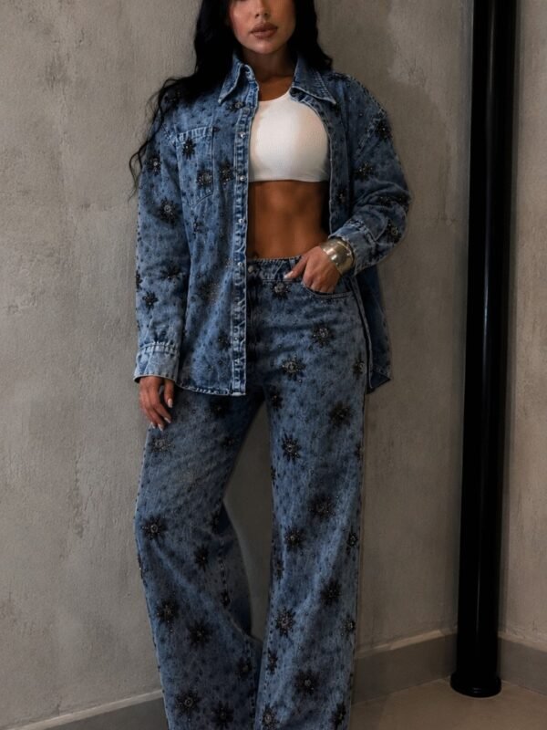 Conjunto Jeans Camisa e Calça Bordado Shine