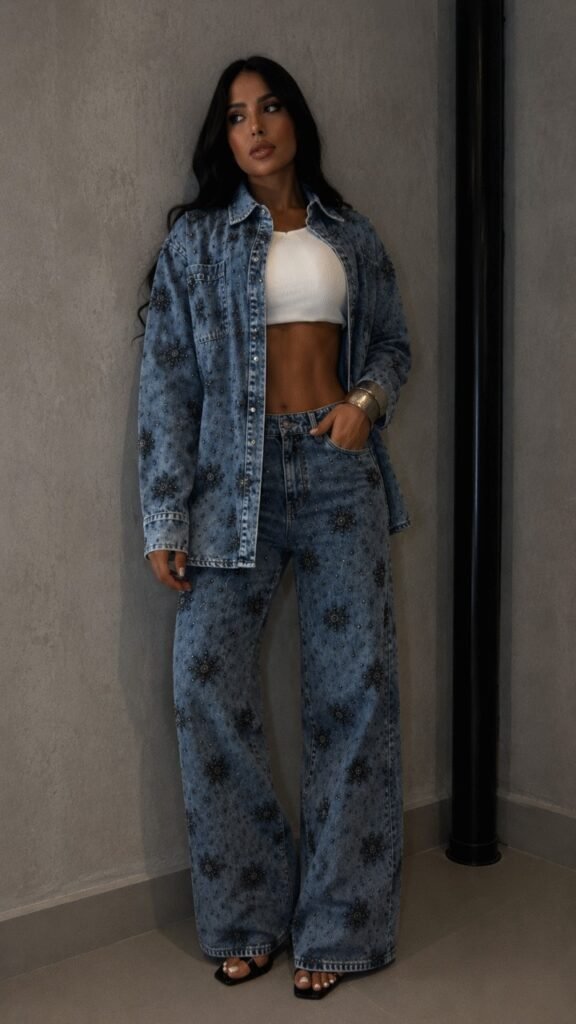 Conjunto Jeans Camisa e Calça Bordado Shine