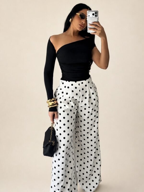 Calça Pantalona Amalfi Poá – Branco e Preto