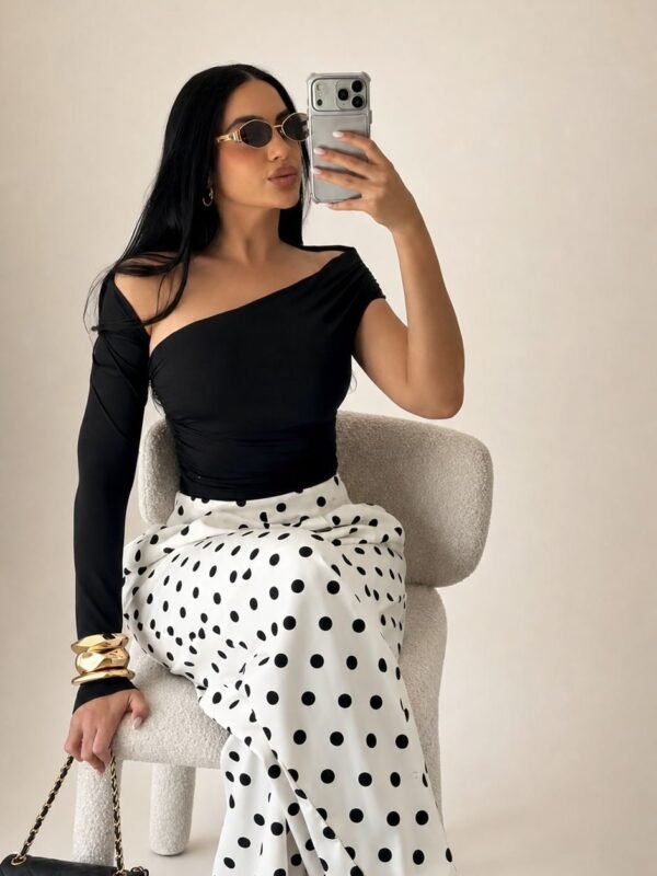 Calça Pantalona Amalfi Poá – Branco e Preto