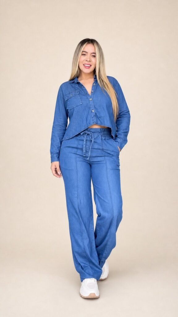 Conjunto Jeans Camisa Cropped e Calça Wide Leg Amarração