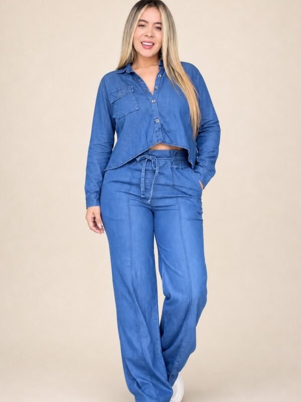 Conjunto jeans camisa cropped e calça wide leg de cintura alta com amarração
