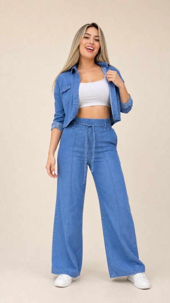 Conjunto Jeans Camisa Cropped e Calça Wide Leg Amarração