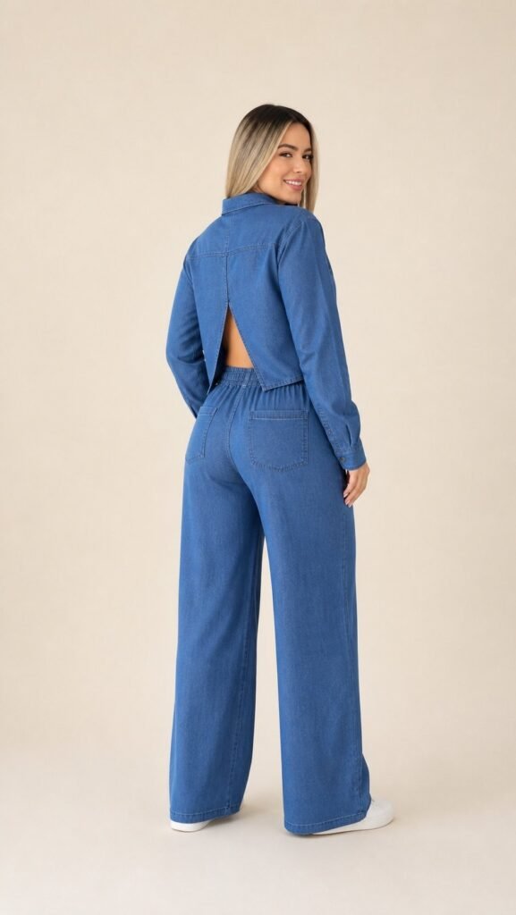 Costas do conjunto jeans mostrando a fenda da camisa e o bolso da calça