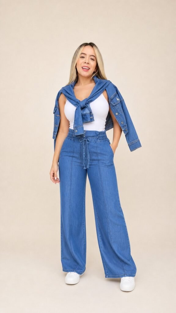 Calça jeans wide leg cintura alta com a camisa amarrada nos ombros